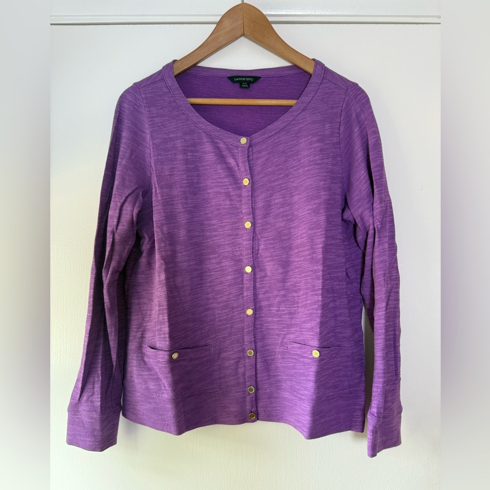 Lands End Cotton Cardigan Lavender Purple Gold Buttons Size Medium Petite